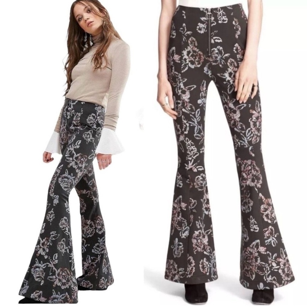 Free People Born To Be Wild Floral Flare Pants Size 0 Boho Zip Front Western